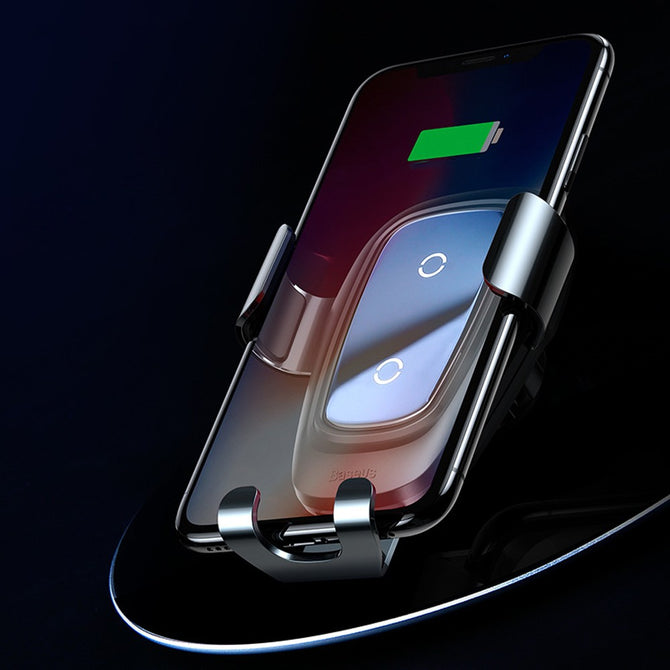 BASEUS 360 Degree Rotation Car Air Vent Outlet Mount Wireless Charger Phone Stand Holder, Metal Gravity Bracket Black