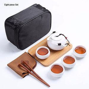 Ceramic Teapot Kettle Gaiwan Tea Cup, Puer Chinese Tea Pot Teaware Kit, Portable Tea Drinkware Set Eight-piece Set/White
