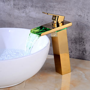 Brass LED RGB Waterfall Deck Mounted Ceramic Valve One Hole, Bathroom Sink Faucet w/ Single Handle