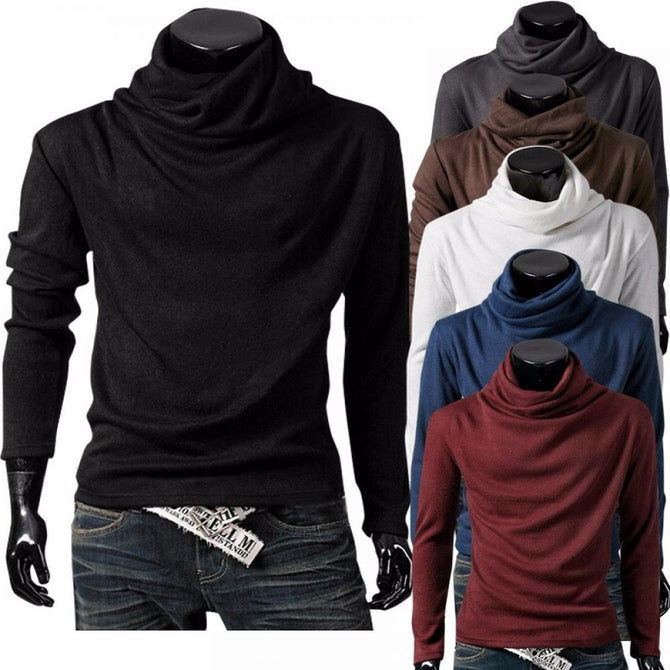 Men\'s High Collar / Pile Collar T Shirts Casual Knitted Slim Long Sleeve T Shirt Solid Color T150 For Men Black/M