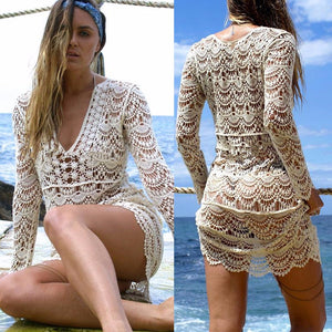 Sexy Lace Crochet Hollow-Out Long Sleeve Beach Bikini Blouse, Pullover Cover-Up Top For Swimsuit Swimwear White/One Size