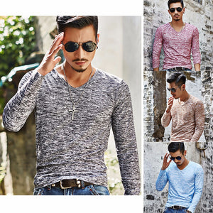 New Autumn And Winter V Neck Slim Long Sleeve Men\'s T Shirt Bottoming Shirts Red/M