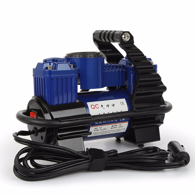 Large Power Double Cylinder Car Auto Air Compressor, Portable Good Quality Hand-held Metal Car Tire Air Pump Black