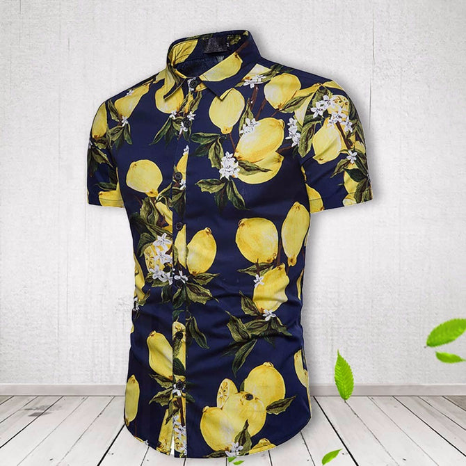 Fashion Lemon Print Mens Short Sleeve T-Shirt Summer Casual Turn-Down Collar Shirt For Men White/M