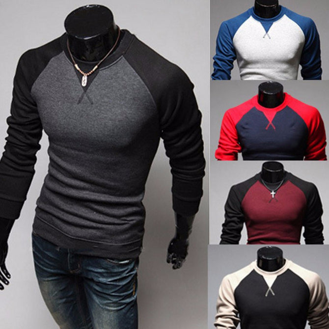 Patchwork Color Round Neck Long Sleeve Pullover Men\'s T-Shirt, Casual Color Stitching Male Tee Top Gray/XXL