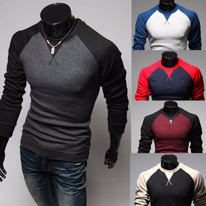 Patchwork Color Round Neck Long Sleeve Pullover Men\'s T-Shirt, Casual Color Stitching Male Tee Top Black/XXL