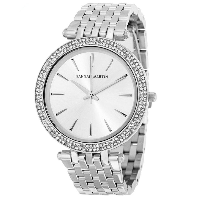 Hannah Martin 1185 Luxury Diamond Women's Quartz Watch w/ Gold Plated Stainless Steel Strap - Silver