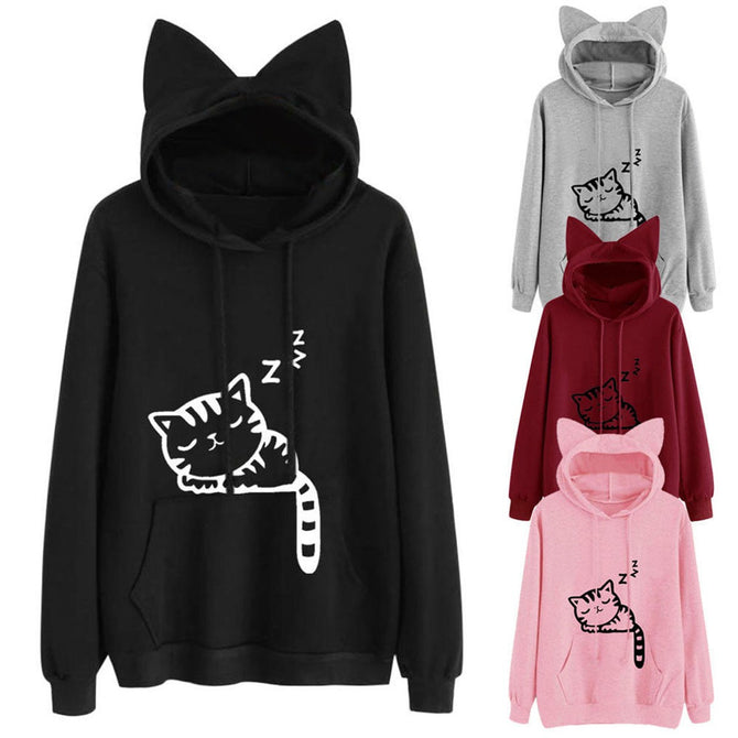 Womens Cat Ear Solid Long Sleeve Hoodie Sweatshirt Hooded Pullover Tops Blouse Solid Color Cat Print Ear Hooded Sweater Gray/S