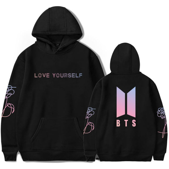 BTS LOVE YOURSELF Letter Pattern Fashion Long Sleeved Hooded Shirt Sweatshirt Hoodies Pullover For Couples Black/S