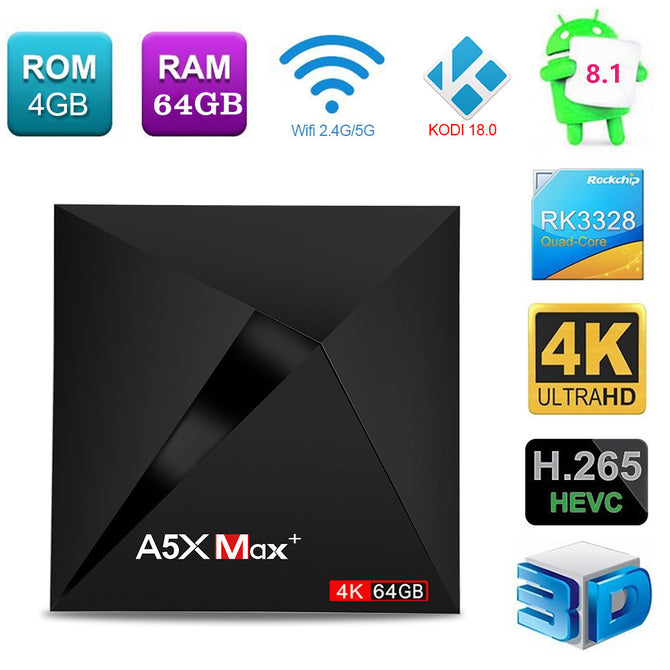 A5X Max+ Android 8.1 RK3328 Dual Wi-Fi Bluetooth HD 4K Media Player TV Box with 4GB RAM, 64GB ROM - EU Plug