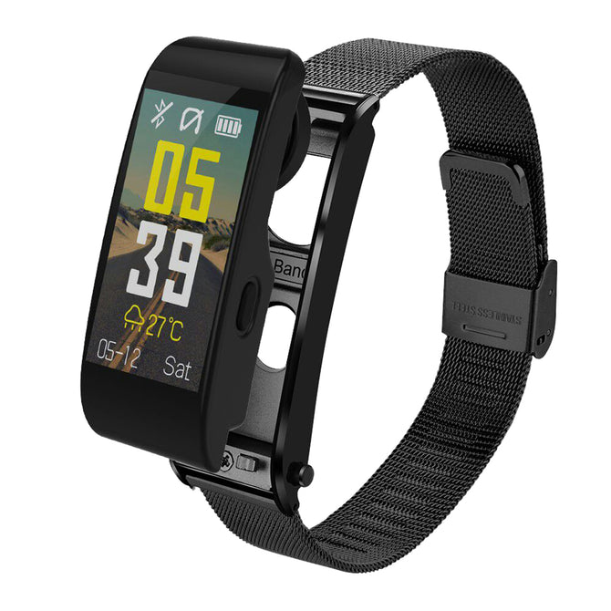 DMDG 2 in 1 Smart Watch Bluetooth Headset Driving Running Call Wireless Earphone Heart Rate Monitor, Metal Strap - Black