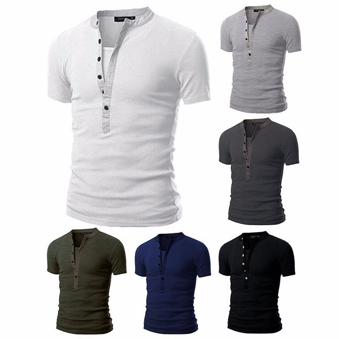 Fashion Breathable Slim Elastic Splicing Multi-Button Round Neck Short Sleeve Men\'s T-Shirt Tee Top Dark Grey/M