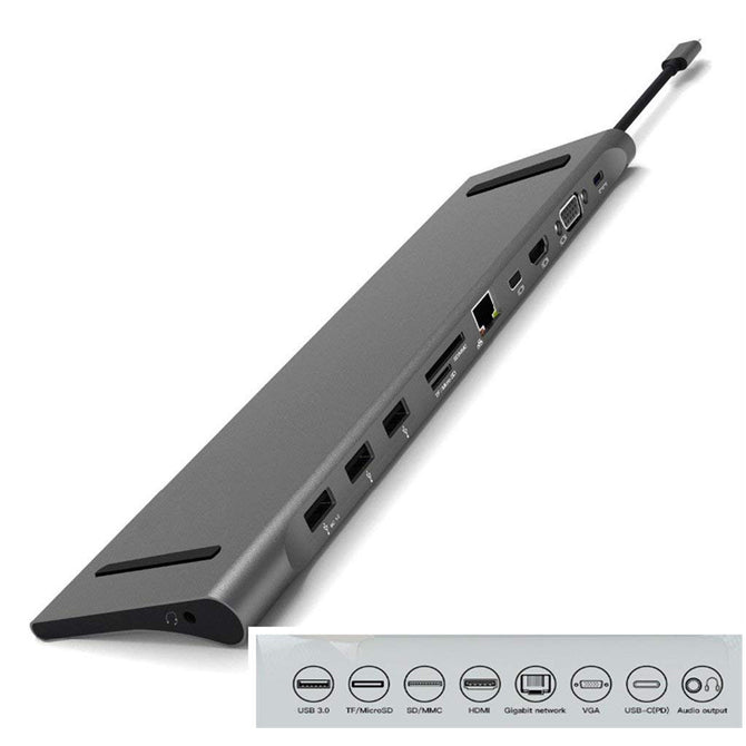 Type-C 3.1 Docking Station, Aluminum Multi-function 11 in 1 Hub for MacBook Pro 2016 - Gray