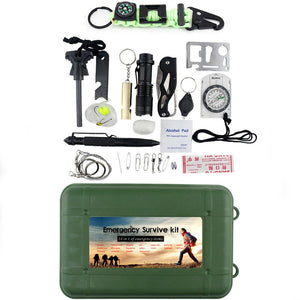 18-Piece SOS Emergency Survival Tool Box Kit With Flashlight, Compass, Flint Stone, Knife, Etc For Outdoor Camping Green
