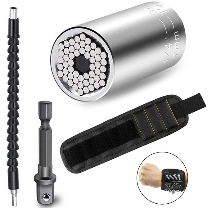 HakkaDeal Universal Wrench Sleeve (7mm-19mm) and Magnetic Wristband Power Tool Set - Black