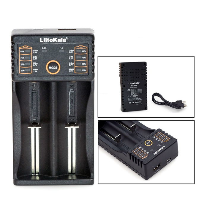 Liitokala Lii-202 USB Dual Slot Li-ion Ni-MH/Cd Battery Charger For 18650, 18490, 18350, 14500, 10440 Black/Other