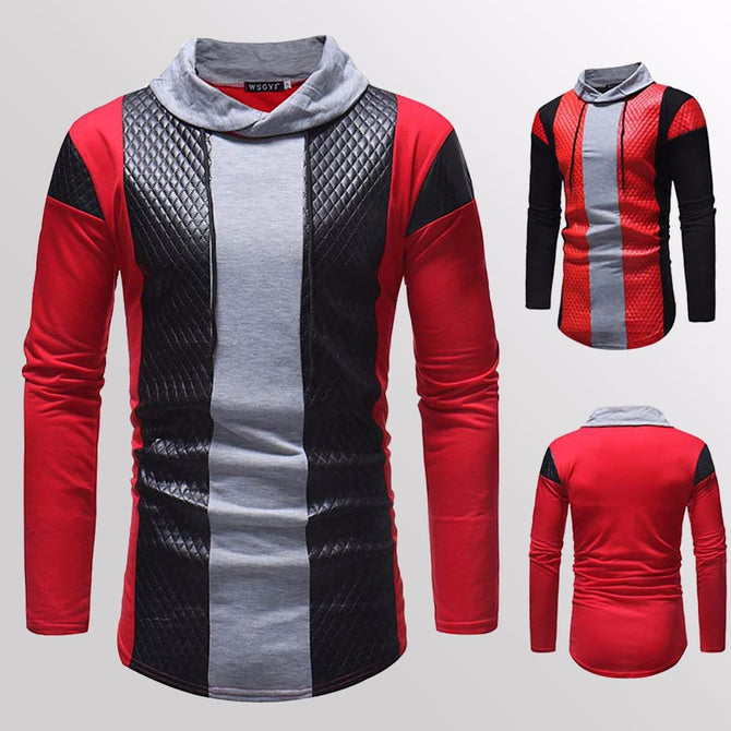 New Men\'s Casual Cotton Patchwork Stand Long Sleeve T Shirt Silm Leather Shirts 7462 Black/XXL