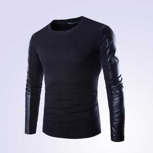 Autumn PU Leather Stitching Long Sleeve Round Neck Men\'s T-Shirt, Casual Male Tee Top T-Shirt Black/XXL