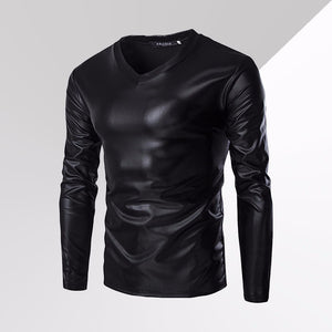 Casual Personalized Glossy V Neck Long Sleeve Men\'s T-Shirt, Male Costume Tee Tops Black/XXL