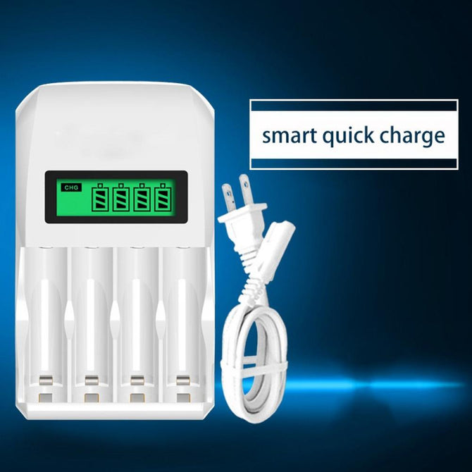 PALO907 Universal Smart LCD Display 4-Slot Fast Battery Charger With AC Cable For AA / AAA Batteries White/EU