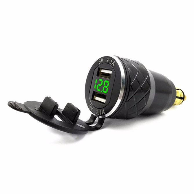 EU Plug 4.2A Motorcycle Charger With Dual USB Ports + Green Display Voltmeter, Aluminum Alloy Motorcycle Accessories
