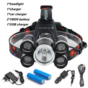 AIBBER TONE 40000 Lumen Headlamp, 5 CREE XML T6+Q5 LED Head Lamp Flashlight Torch Lanterna with Battery, AC/DC Charger