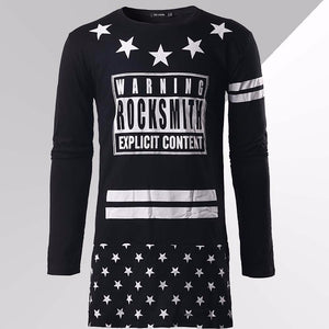 Men\'s Five-pointed Star Print Patchwork Long Sleeve T Shirt Hip Hop O-Neck Shirts For Men T132 Black/M