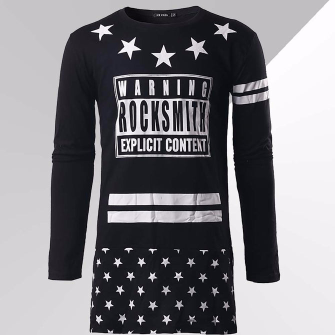 Men\'s Five-pointed Star Print Patchwork Long Sleeve T Shirt Hip Hop O-Neck Shirts For Men T132 Black/M