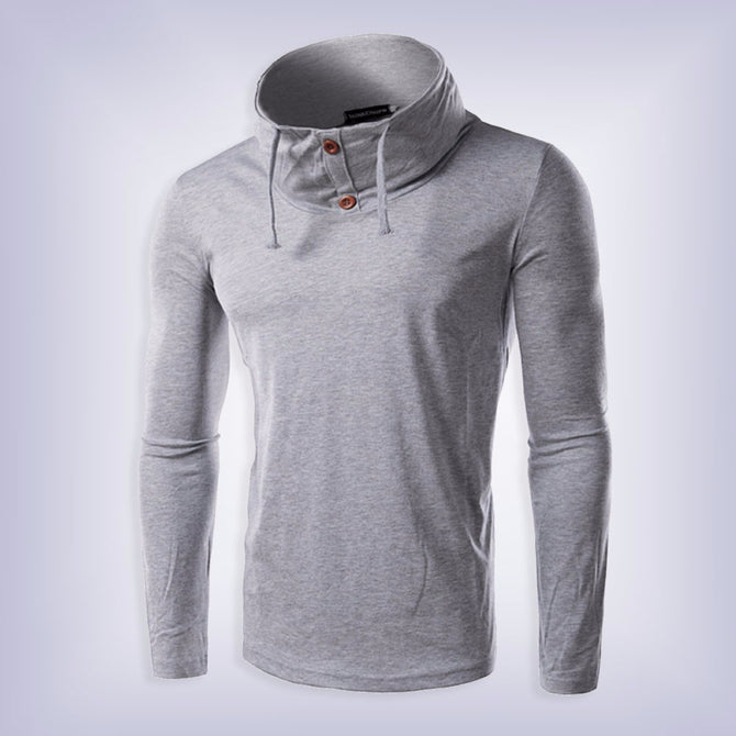 Turtleneck Pile Collar Sling Button Slim Long Sleeve Men\'s T-Shirt Sweatshirt, Casual Male Tee Tops Navy Blue/XXL
