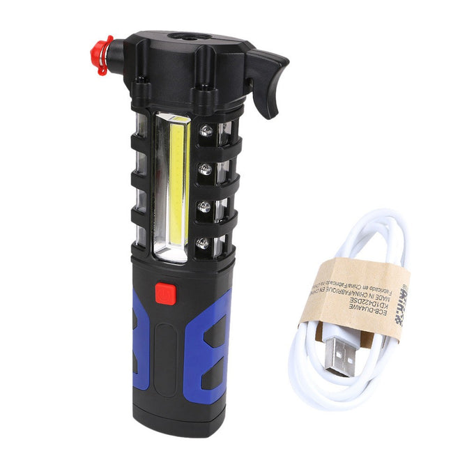 LED Multipurpose USB Rechargeable Flashlight Safety Hammer Escape Emergency Tool Magnet Torch Work Light For Camping 3W/Blue
