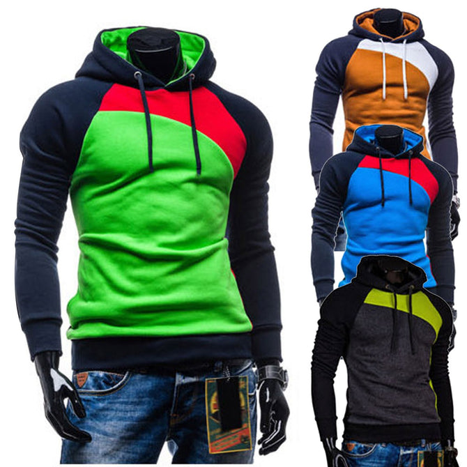 Winter Fashion Stitching Color Drawstring Brushed Men\'s Hooded Sweater Coat Hoodies Sweatshirt Blue/M