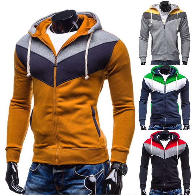Fashion Contrast Color Zipper Mens Hooded Sweatshirt Casual Slim Fit Hoodie With Pockets For Men Camel/XL