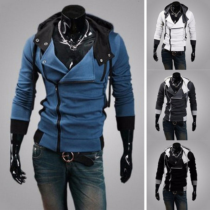 Fashion Side Zipper Mens Fleece Tight Hooded Sweatshirt Casual Slim Fit Hoodie Jacket With Pockets For Men Blue/L