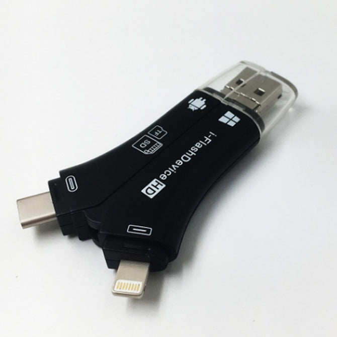 4-in-1 USB 2.0 Micro USB 8pin Lightning Type-C OTG Card Reader Multifunction Micro SD / TF SD Card Reader White
