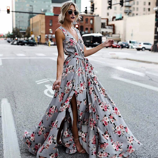 Bohemian Summer Dress For Women Sexy V-Neck Maxi Floral Print Sashes Sleeveless High Slit Dresses Gray/M