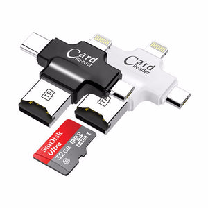 Cross Shape 4-in-1 USB Micro USB 8pin Lightning Type-C OTG Card Reader Multifunction Micro SD / TF Card Reader Black
