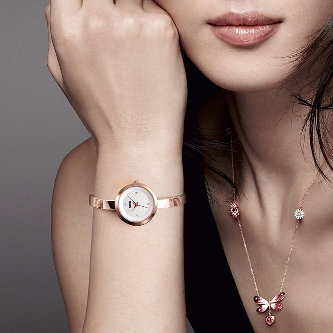SKMEI 1390 Simple Thin Diamond Dial Quartz Wristwatch, Women\'s Watch With Slim Stainless Steel Strap Rose Gold