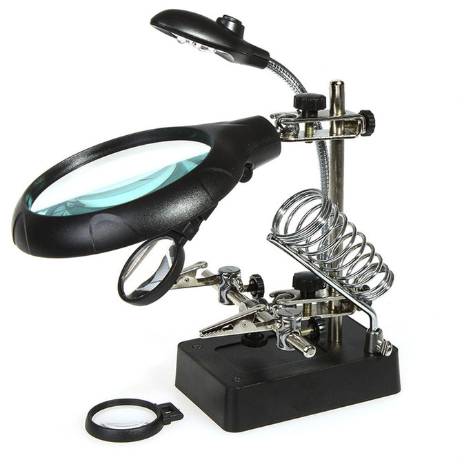 Magnifier with LED Light, 2.5X 7.5X 10X LED Light Magnifier, Helping Hand Auxiliary Clamp Alligator Clip Stand