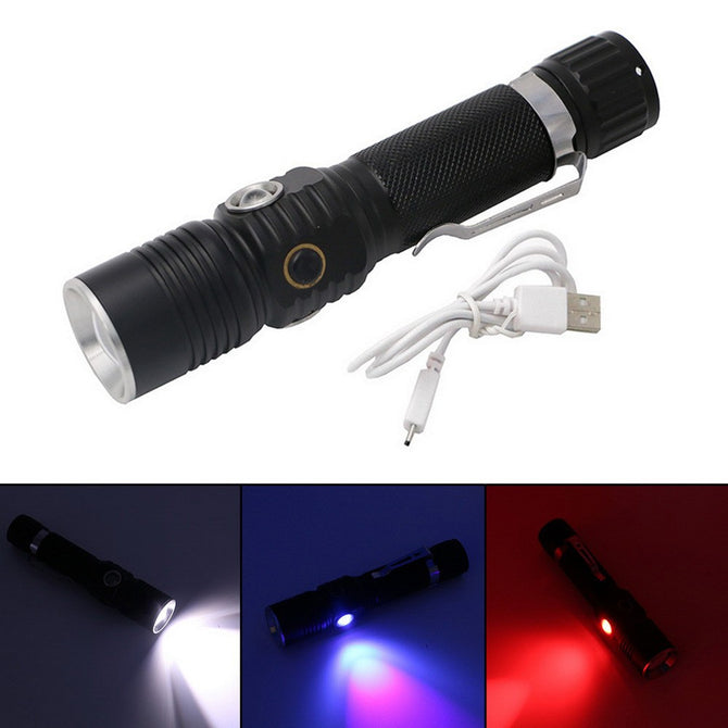 USB Rechargeable T6 Bright LED Zoom Flashlight Multifunction Aluminum Alloy Torch With Red Light UV Light Money Detector Black