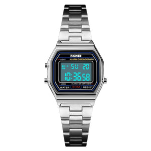 Skmei Multifunction Fashion Womens LED Digital Watch 30m Waterproof Stainless Steel Watch With Date Time Week Alarm Silver
