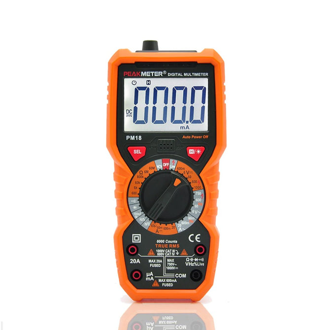 PEAKMETER Digital Multimeter, Voltage Current Resistance Capacitance Frequency Temperature HFE NCV Live Line Tester Orange