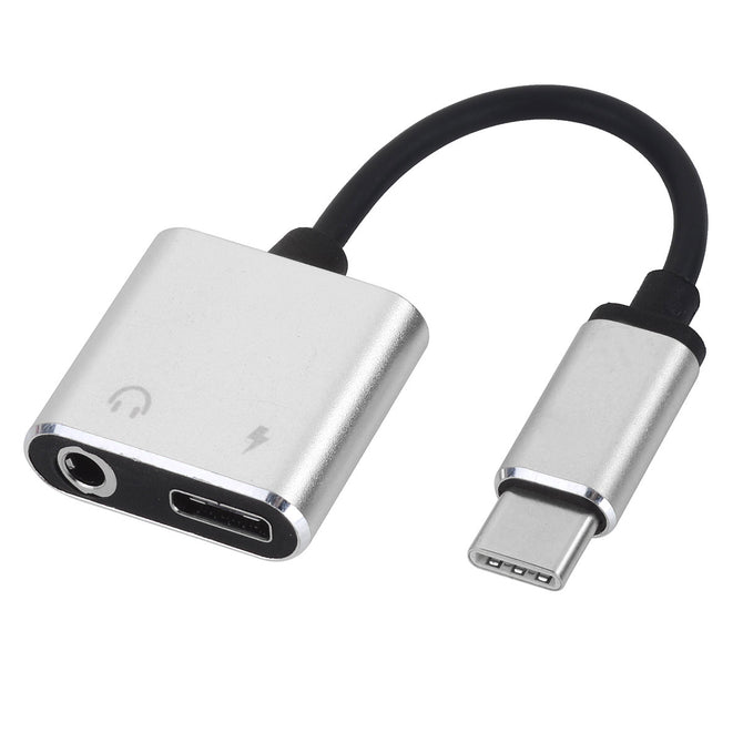 Upgrade Version Metal USB Type-C Male to USB Type-C Female Charging + 3.5mm Audio Adapter Cable Silver