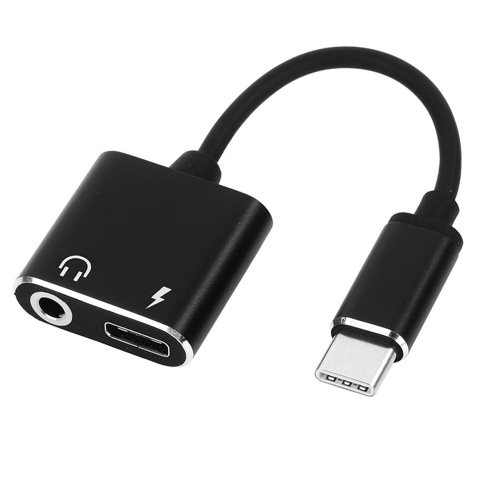 Upgrade Version Metal USB Type-C Male to USB Type-C Female Charging + 3.5mm Audio Adapter Cable Black