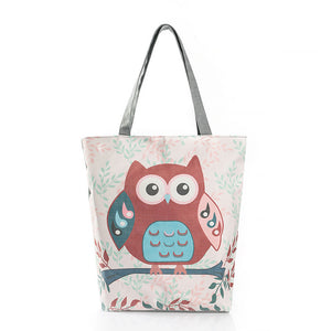 Cartoon Owl Print Canvas Handbag Large Capacity Shoulder Bag Women's Casual Tote