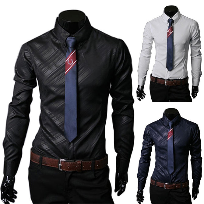 Autumn Unique Obscure Twill Shirt, Men\'s Casual Slim Long-sleeved Shirts Navy Blue/M