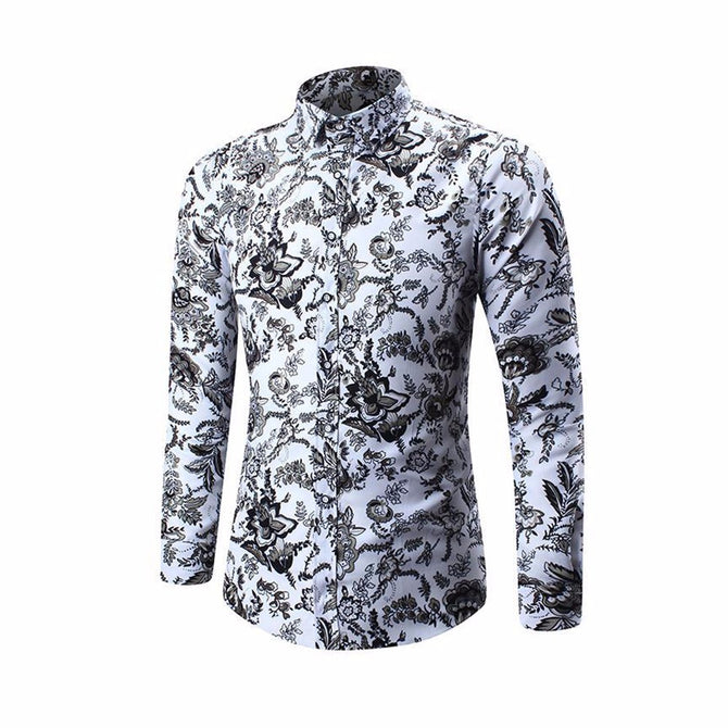 Casual Printing Thin Slim Long Sleeve Men\'s Shirt Tops For Autumn Winter Gray/4XL