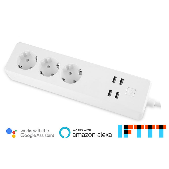 EU Plug Smart Wi-Fi Control Power Outlet With 3 AC Sockets + 4 USB Ports, Works With Amazon Alexa And Google Assistant White