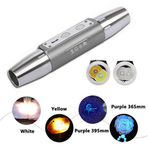 ZHAOYAO Waterproof 365mm, 395mm UV Yellow White Four Lights LED Flashlight, Identification Jade USB Rechargeable Torch