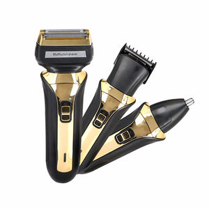 FS1608 3-in-1 Rechargeable Electric Shaver, Reciprocating Blade Washable Beard Trimmer Razor Face Care Tool For Men Gold + Black