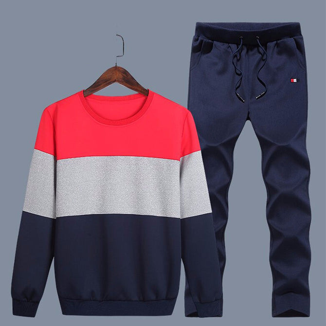Men\'s O-Neck Patchwork Casual Hoodies Drawstring Trousers Set Sport Pullovers Set Navy Blue/XL
